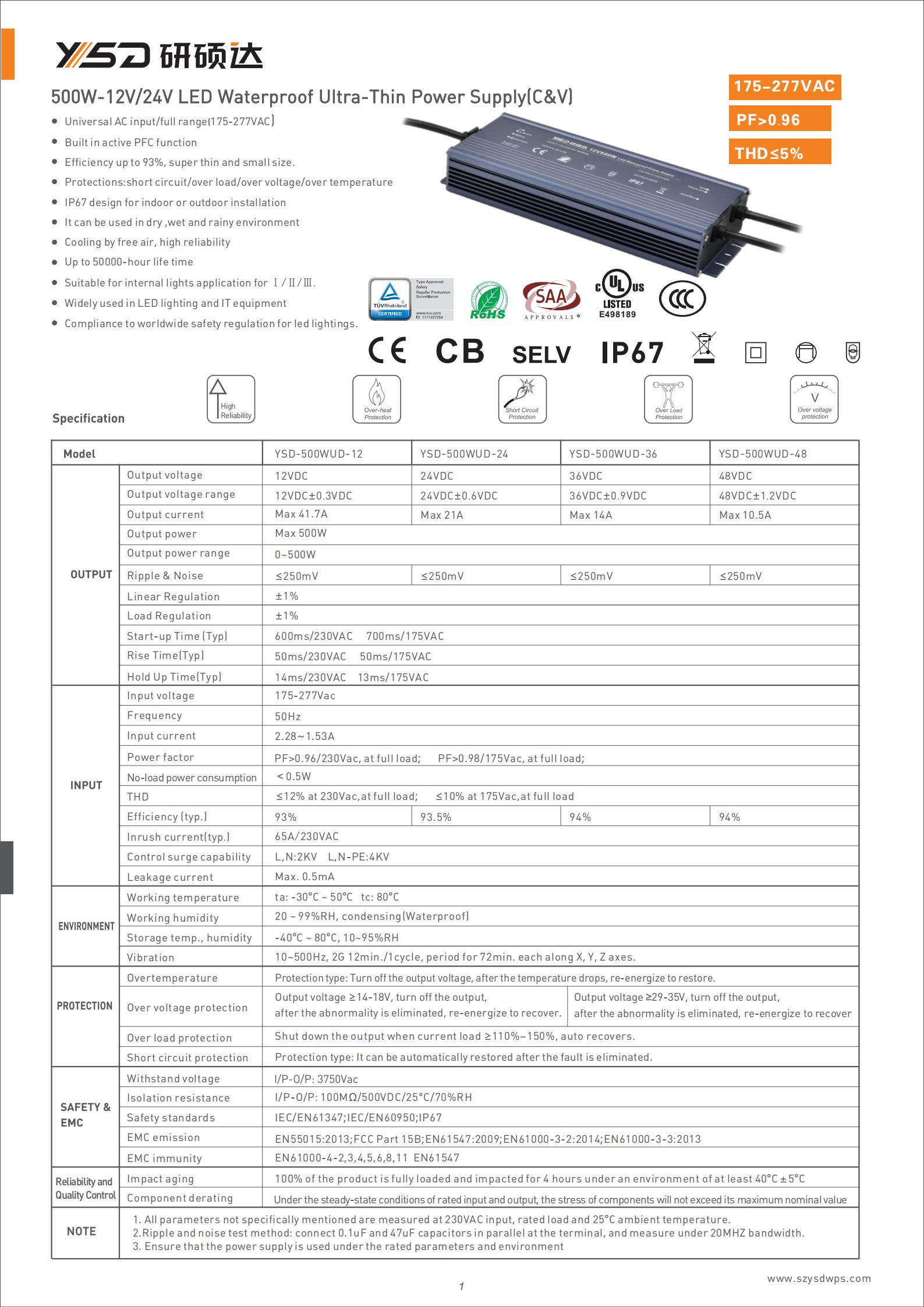 HOT YSD CV ultra slim 500W 12v 24v America Germany TUV U L EMC EMI CB led switching power supply led strip led driver specification 01